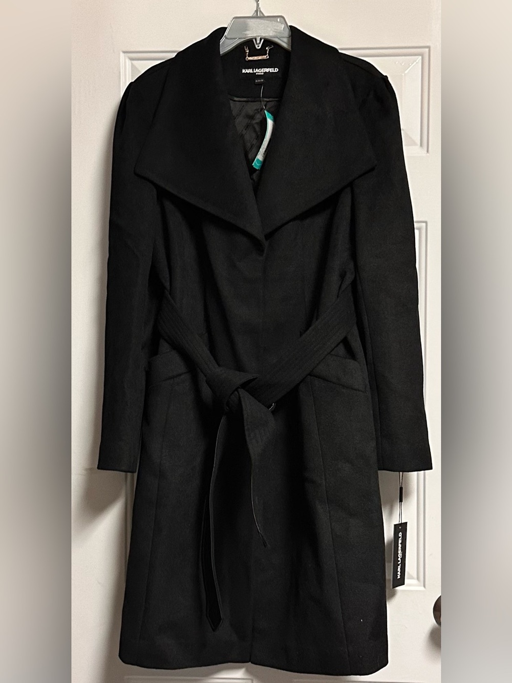 Karl Lagerfeld Paris Long Black Belted Wool Blend Women's XL Coat NWT